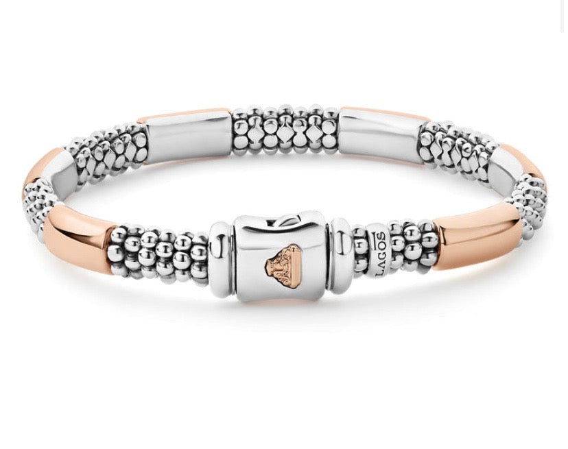 LAGOS HIGH BAR TWO-TONE SILVER ROSE GOLD 6MM CAVIAR BRACELET