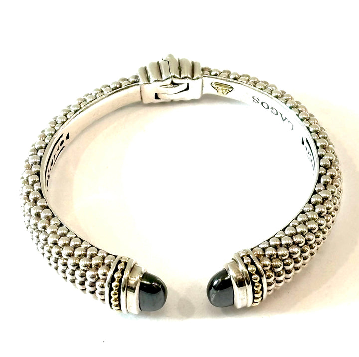 LAGOS STERLING SILVER 18K GOLD ONYX RITTENHOUSE CAVIAR CUFF BRACELET