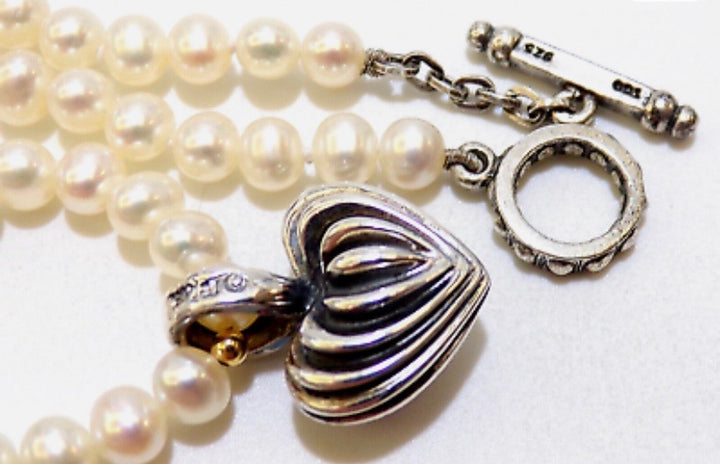 LAGAOS CAVIAR SS 18K GOLD HEART CHARM PEARL TOGGLE NECKLACE
