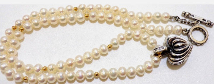 LAGAOS CAVIAR SS 18K GOLD HEART CHARM PEARL TOGGLE NECKLACE
