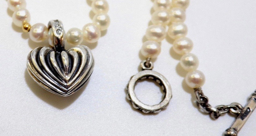 LAGAOS CAVIAR SS 18K GOLD HEART CHARM PEARL TOGGLE NECKLACE