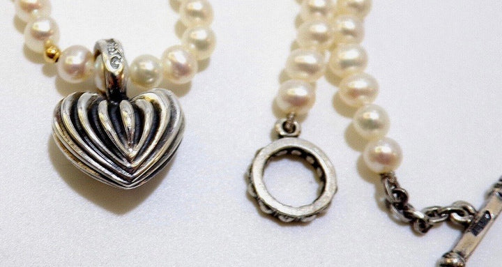 LAGAOS CAVIAR SS 18K GOLD HEART CHARM PEARL TOGGLE NECKLACE