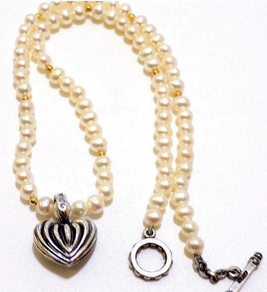 LAGAOS CAVIAR SS 18K GOLD HEART CHARM PEARL TOGGLE NECKLACE