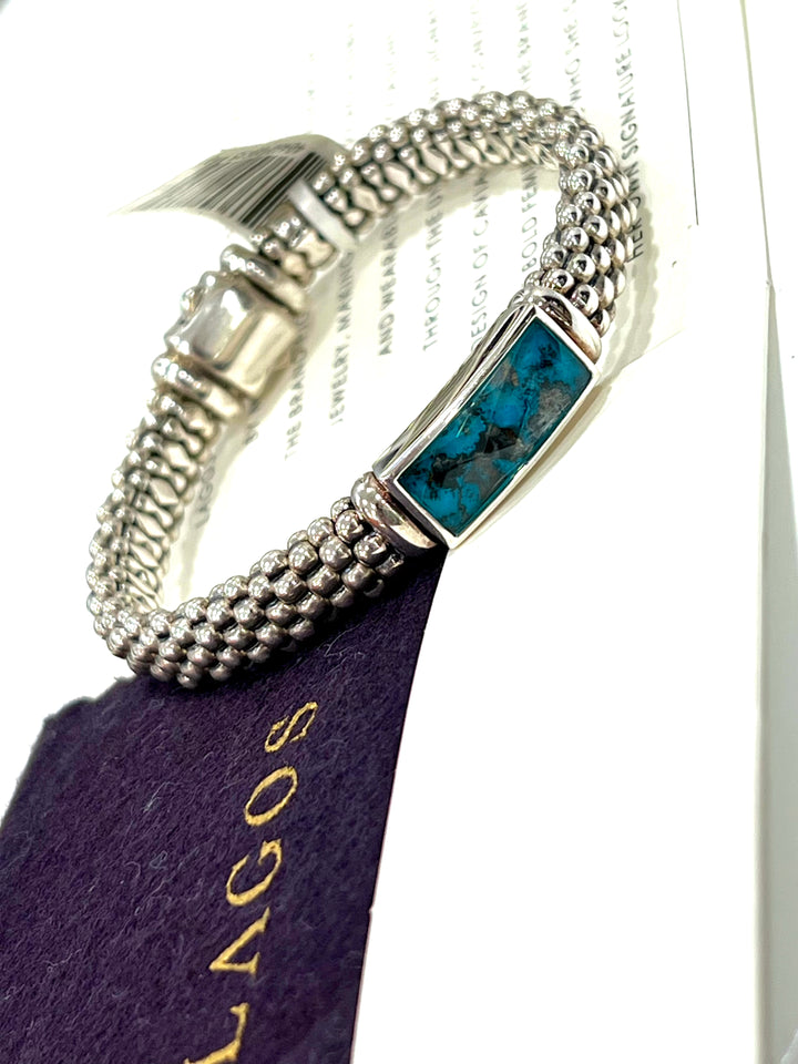 STERLING SILVER MAYA ESCAPE QUARTZ &amp; COMPOSITE TURQUOISE DOUBLET CAVIAR BRACELET