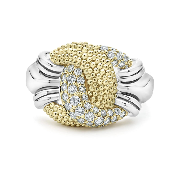 LAGOS SILVER &amp; 18K GOLD CAVIAR LUXE DIAMOND LARGE KNOT RING