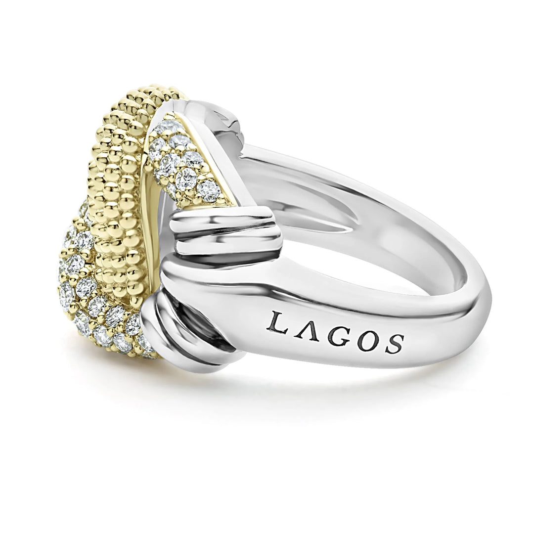 LAGOS SILVER &amp; 18K GOLD CAVIAR LUXE DIAMOND LARGE KNOT RING