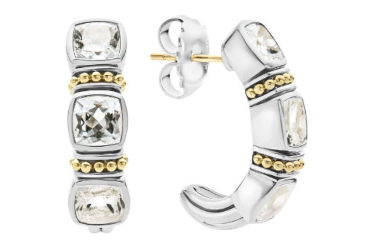LAGOS CAVIAR STERLING SILVER 18K GOLD WHITE TOPAZ HOOP EARRINGS