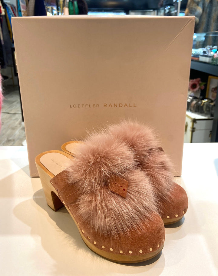 LOEFFLER RANDALL PHILLIPS SUEDE FOX FUR HIGE HEEL CLOGS