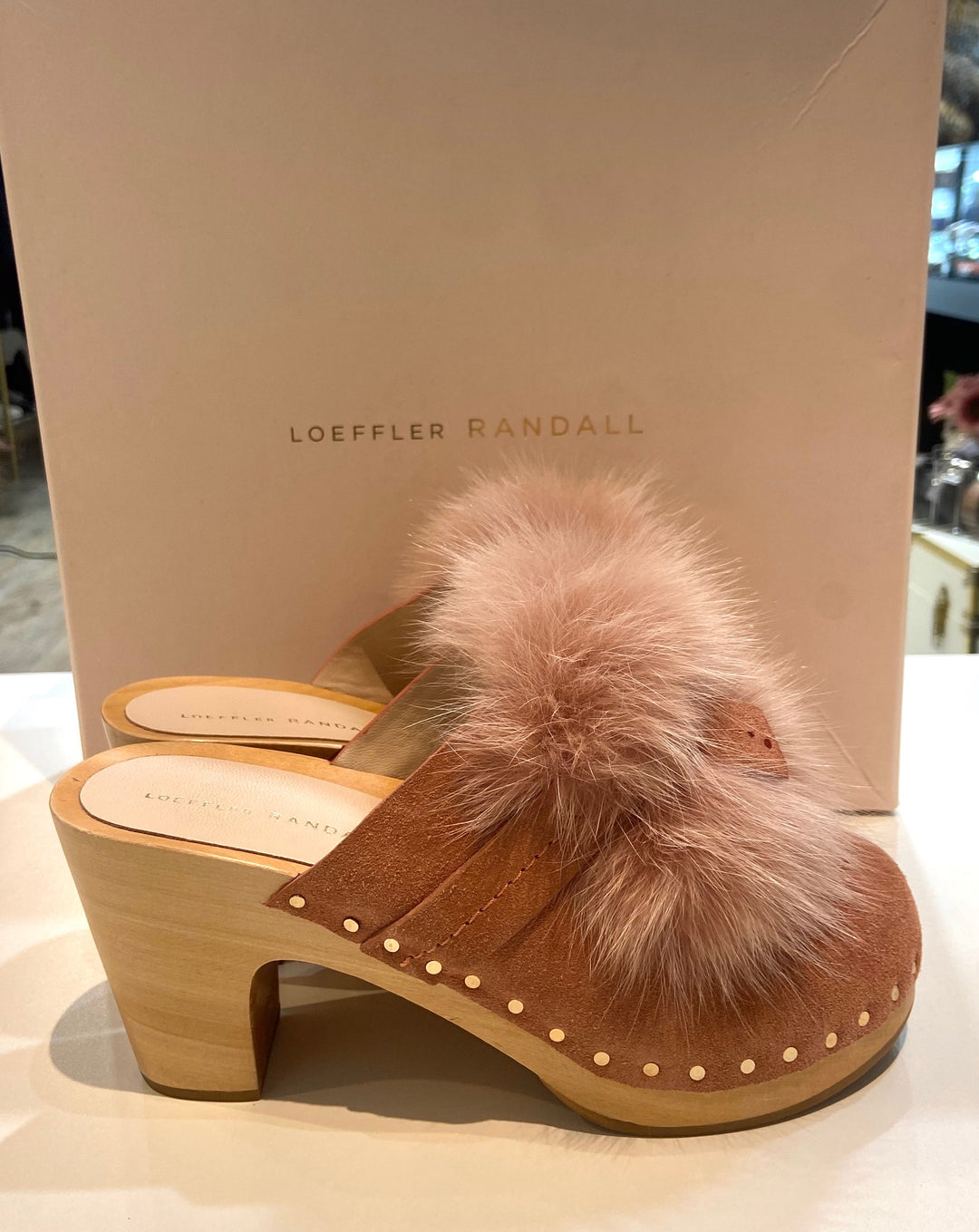 LOEFFLER RANDALL PHILLIPS SUEDE FOX FUR HIGE HEEL CLOGS