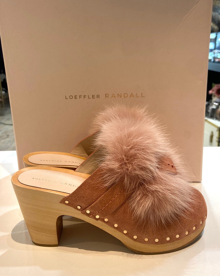LOEFFLER RANDALL PHILLIPS SUEDE FOX FUR HIGE HEEL CLOGS