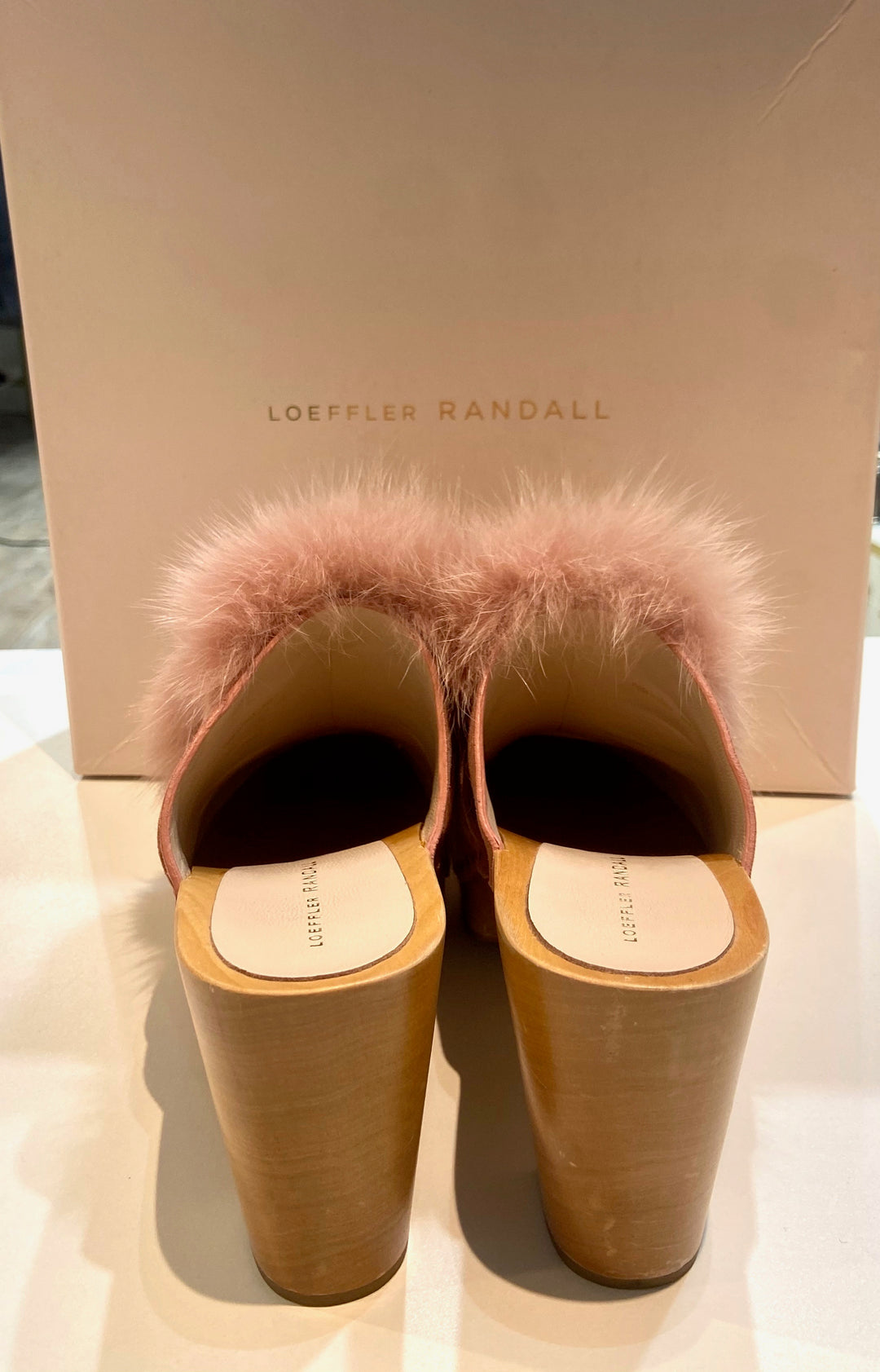 LOEFFLER RANDALL PHILLIPS SUEDE FOX FUR HIGE HEEL CLOGS