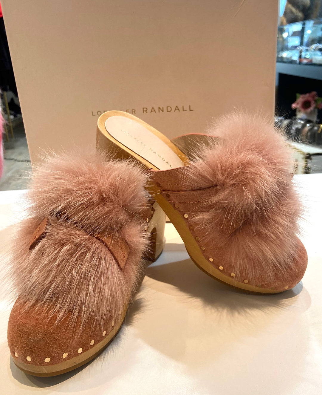 LOEFFLER RANDALL PHILLIPS SUEDE FOX FUR HIGE HEEL CLOGS
