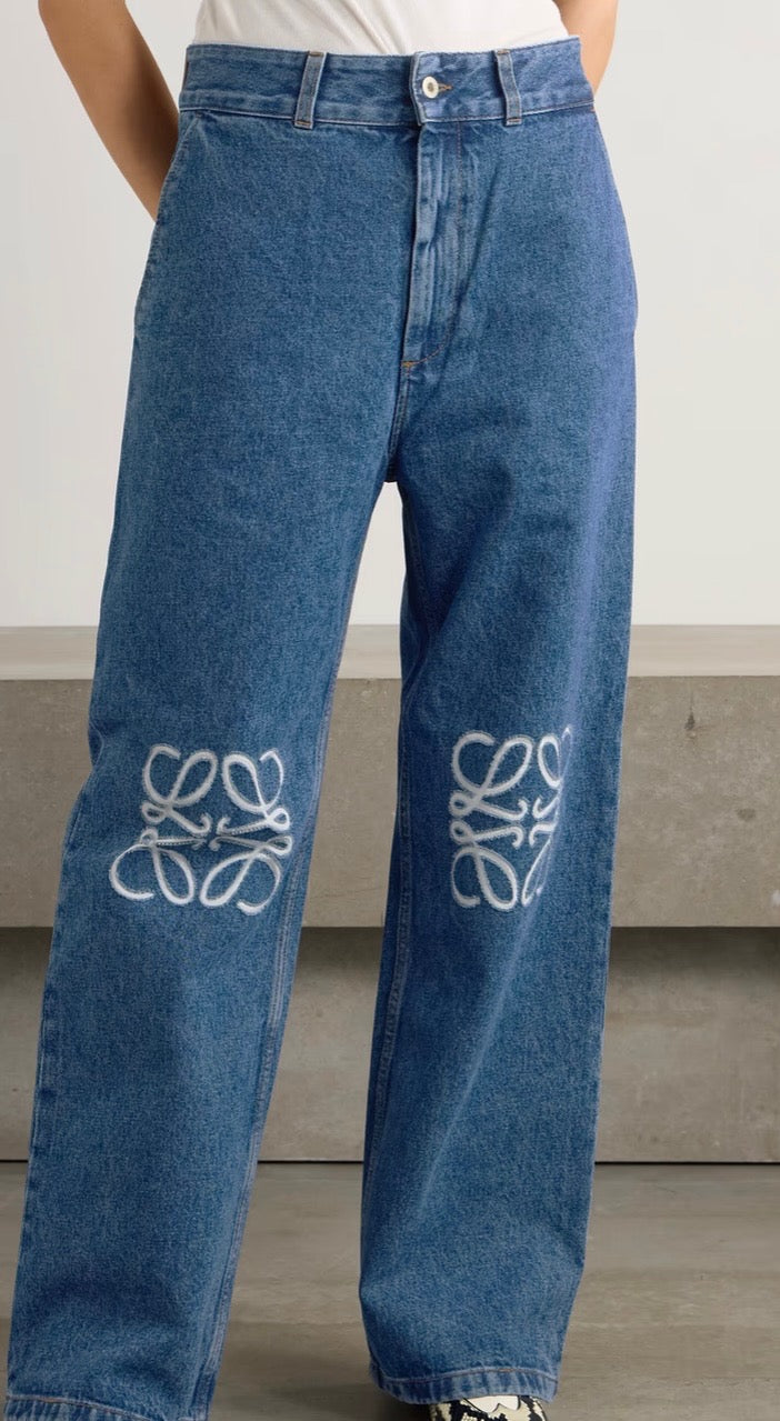 LOEWE ANAGRAM BAGGY APPLIQUÉD HIGH-RISE WIDE-LEG JEANS