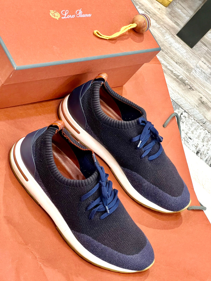 LORO PIANA NAVY KNIT FABRIC 360 LP FLEXY WALK LOW TOP SNEAKERS