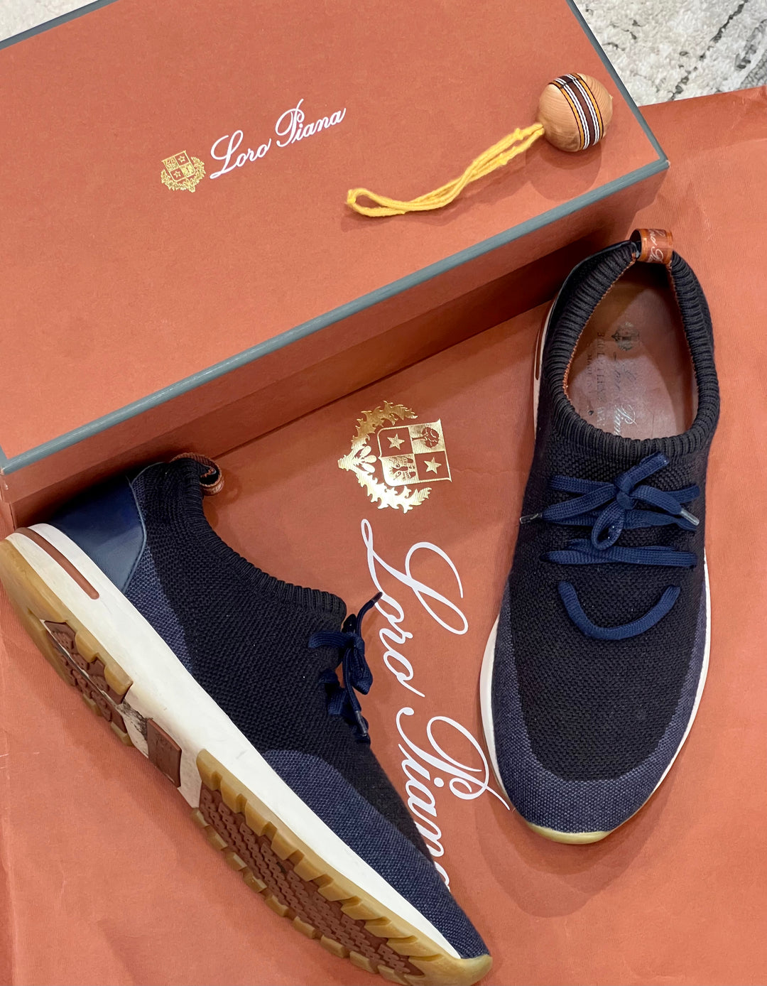 LORO PIANA NAVY KNIT FABRIC 360 LP FLEXY WALK LOW TOP SNEAKERS