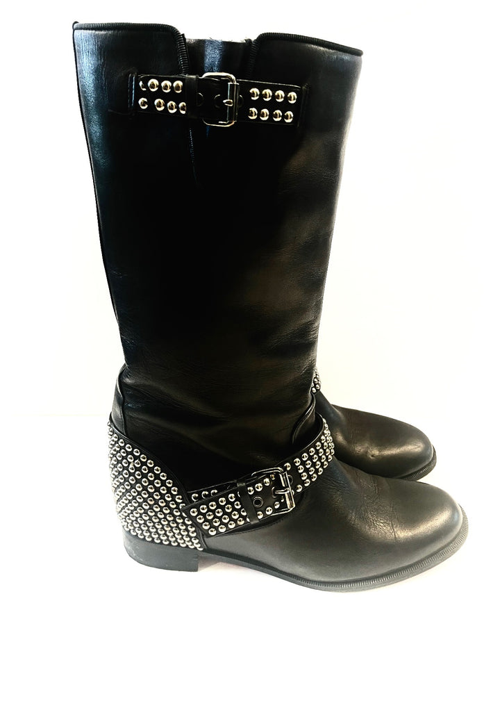 CHRISTIAN LOUBOUTIN BICLOUBUTU SPIKE STUDDED BUCKLE LEATHER BOOTS