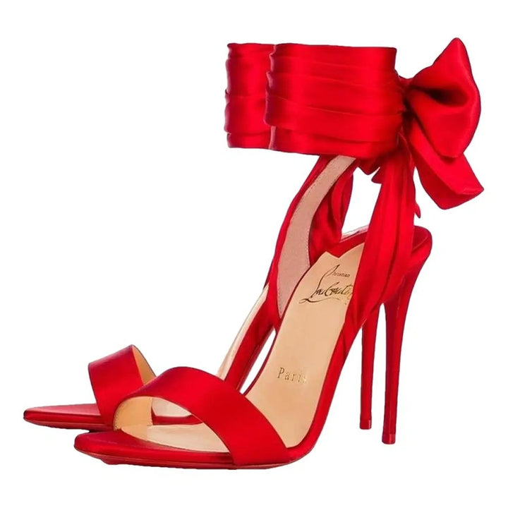 LOUBOUTIN DU DÉSERT 100 CREPE SATIN SILK TIE BOW STILETTO SANDALS