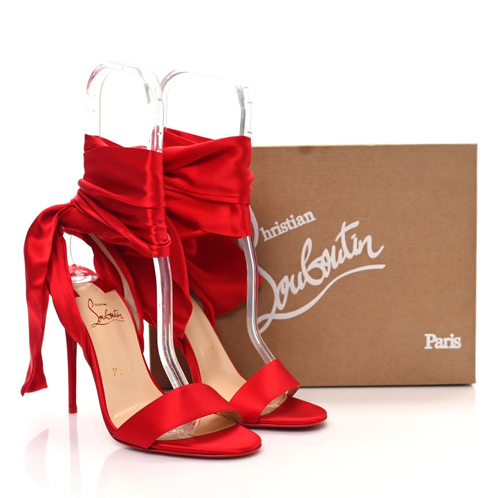 LOUBOUTIN DU DÉSERT 100 CREPE SATIN SILK TIE BOW STILETTO SANDALS