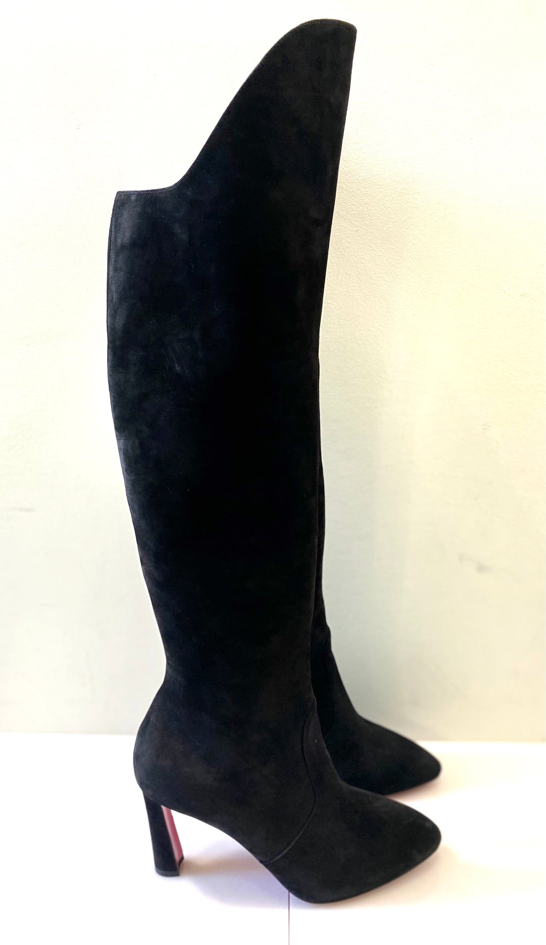 CHRISTIAN LOUBOUTIN ELEONOR TALL SUEDE RED SOLE BOOTS