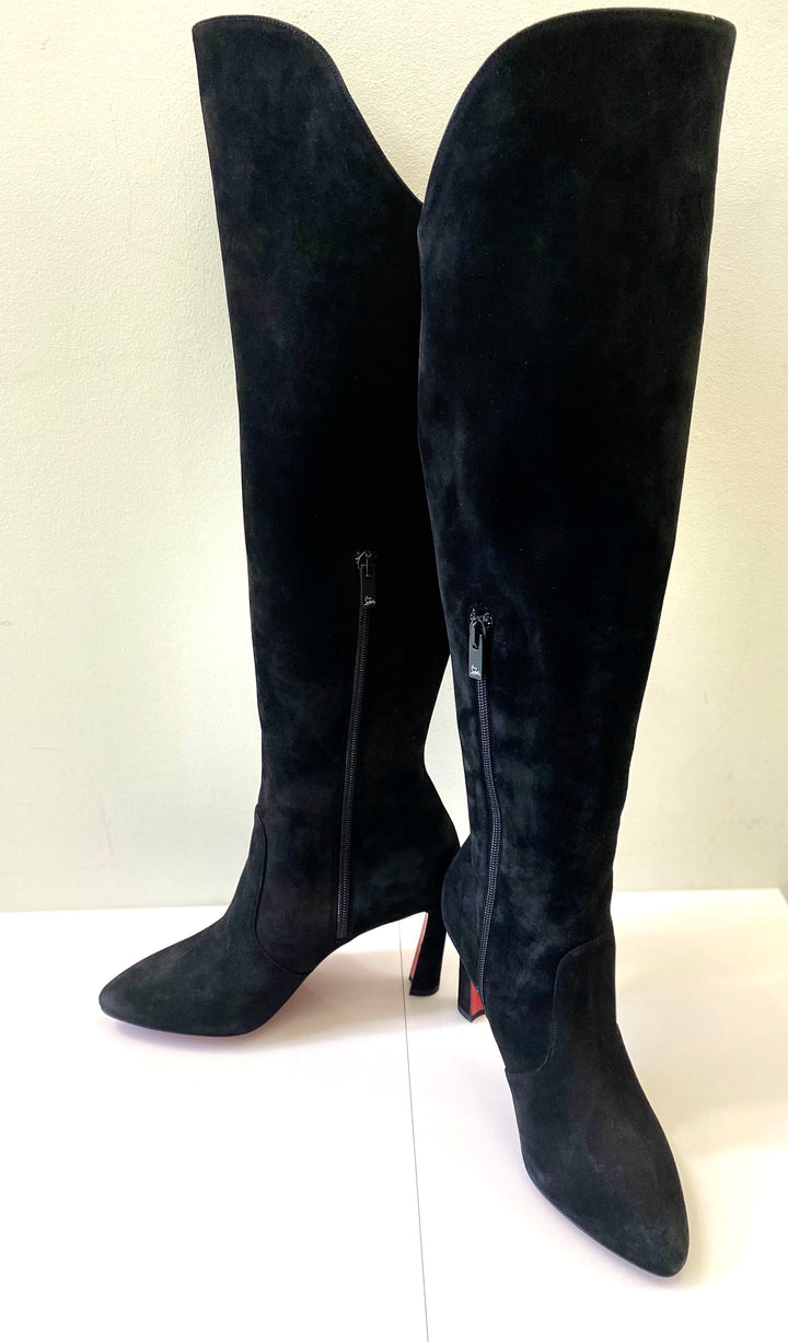 CHRISTIAN LOUBOUTIN ELEONOR TALL SUEDE RED SOLE BOOTS