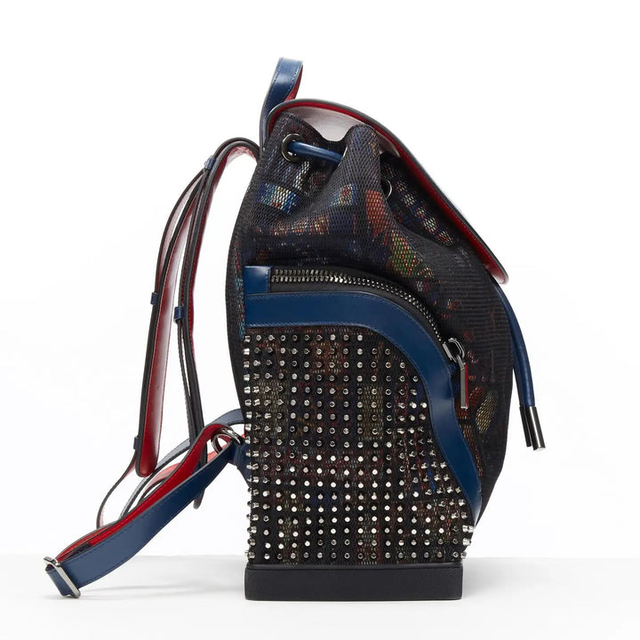 LOUBOUTIN EXPLORAFUNK STUDDED PRINTED MESH LEATHER TRIMMED BACKPACK