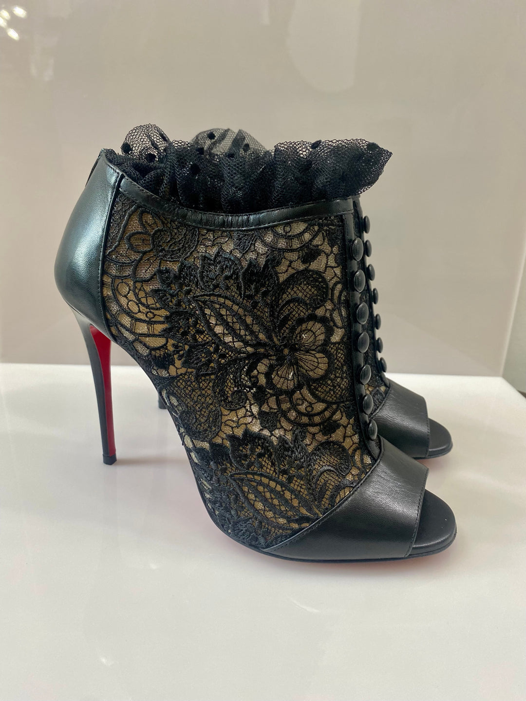 CHRISTIAN LOUBOUTIN HENRIETTA LACE PEEP TOE BOOTIE