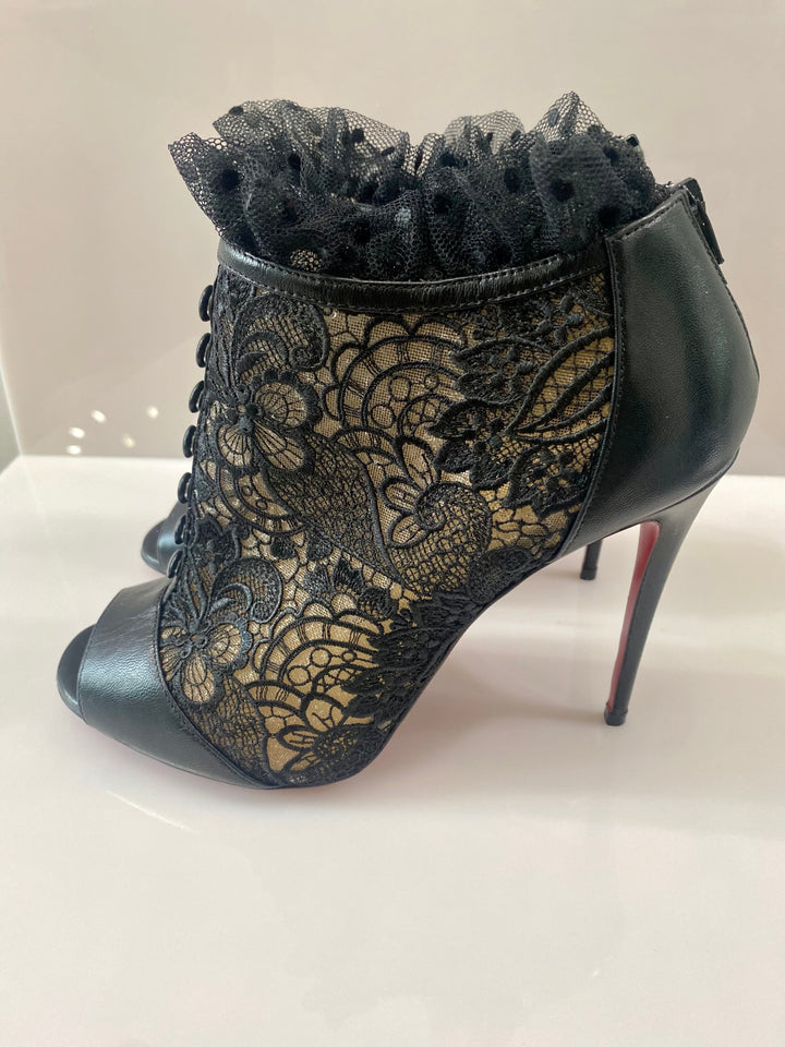 CHRISTIAN LOUBOUTIN HENRIETTA LACE PEEP TOE BOOTIE
