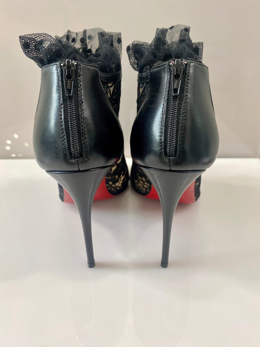 CHRISTIAN LOUBOUTIN HENRIETTA LACE PEEP TOE BOOTIE