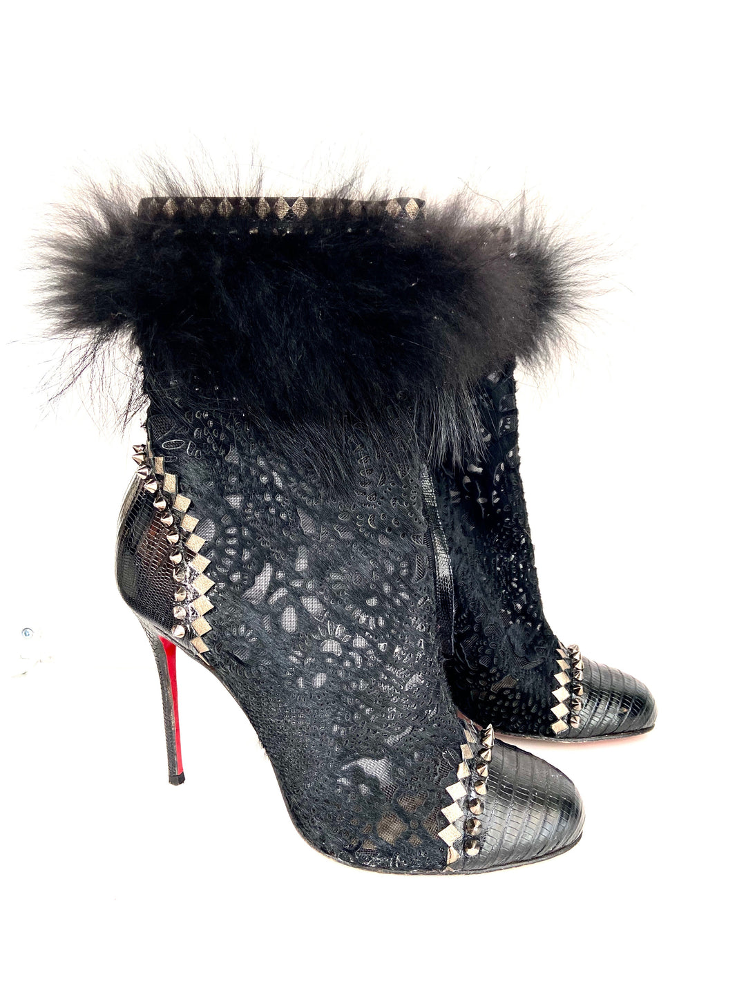 CHRISTIAN LOUBOUTIN LACE CALF HAIR LIZARD TOOTSIE 100 BOOTIES