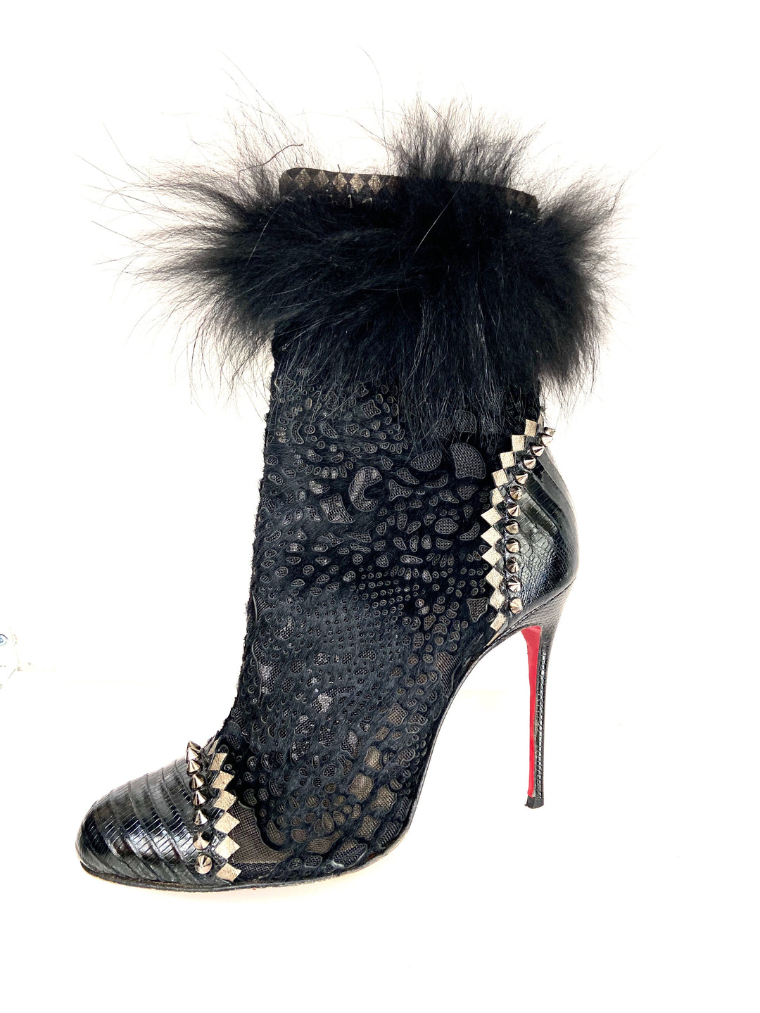 CHRISTIAN LOUBOUTIN LACE CALF HAIR LIZARD TOOTSIE 100 BOOTIES