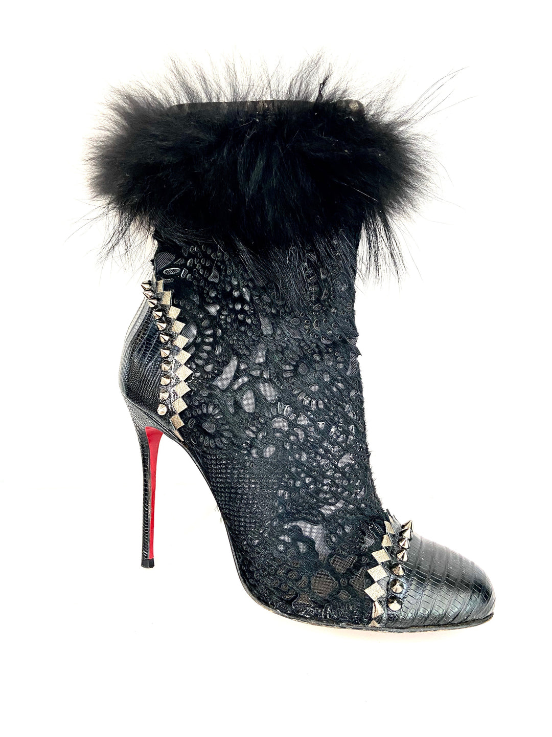 CHRISTIAN LOUBOUTIN LACE CALF HAIR LIZARD TOOTSIE 100 BOOTIES