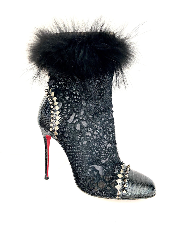 CHRISTIAN LOUBOUTIN LACE CALF HAIR LIZARD TOOTSIE 100 BOOTIES