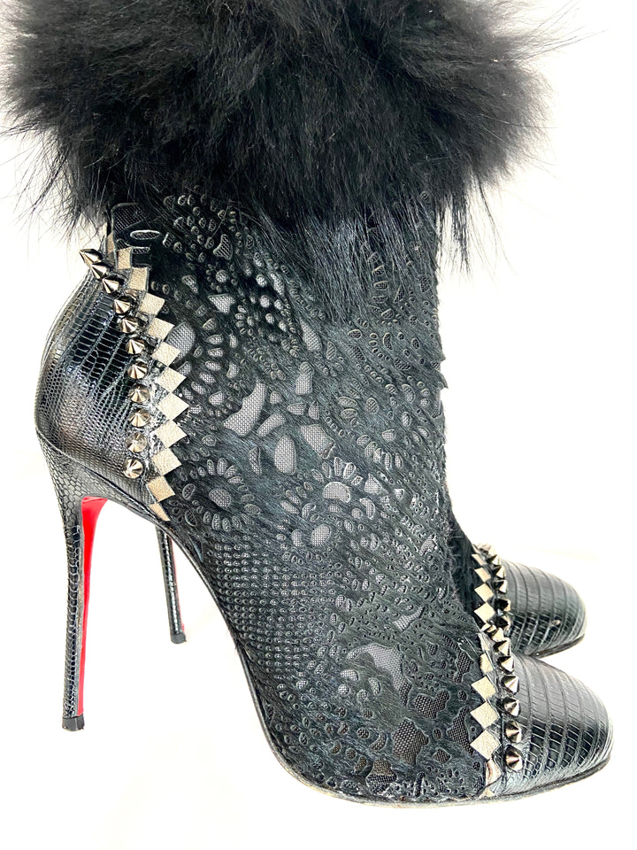 CHRISTIAN LOUBOUTIN LACE CALF HAIR LIZARD TOOTSIE 100 BOOTIES