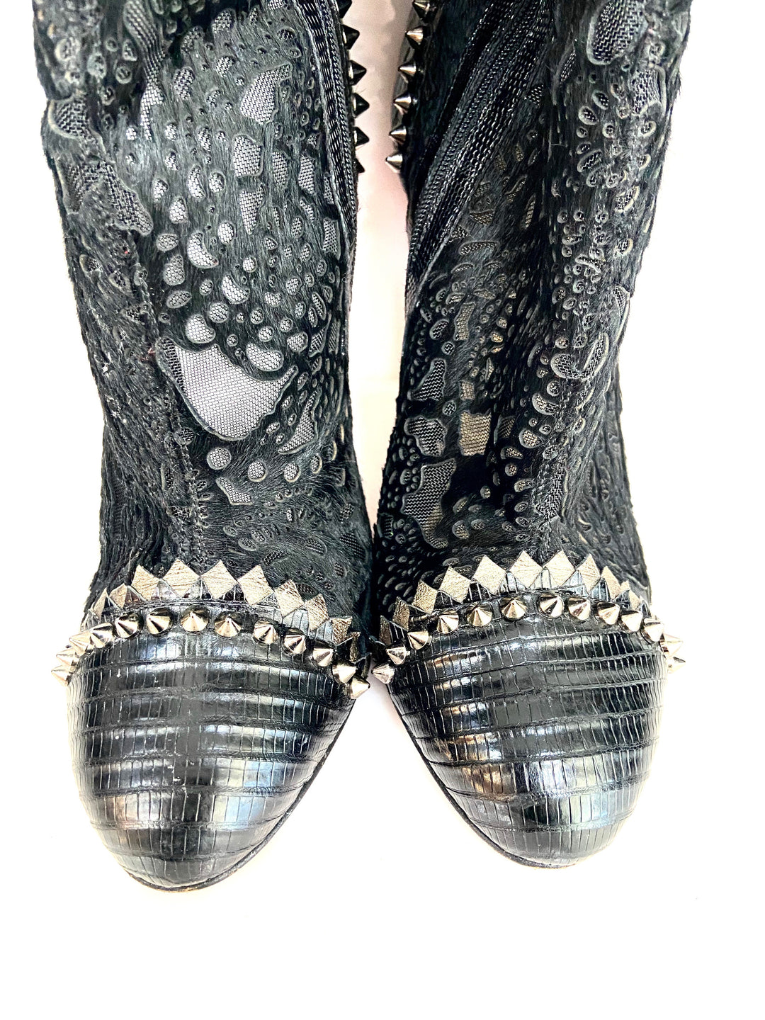 CHRISTIAN LOUBOUTIN LACE CALF HAIR LIZARD TOOTSIE 100 BOOTIES