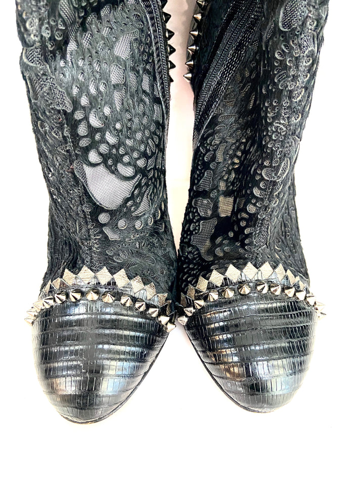 CHRISTIAN LOUBOUTIN LACE CALF HAIR LIZARD TOOTSIE 100 BOOTIES