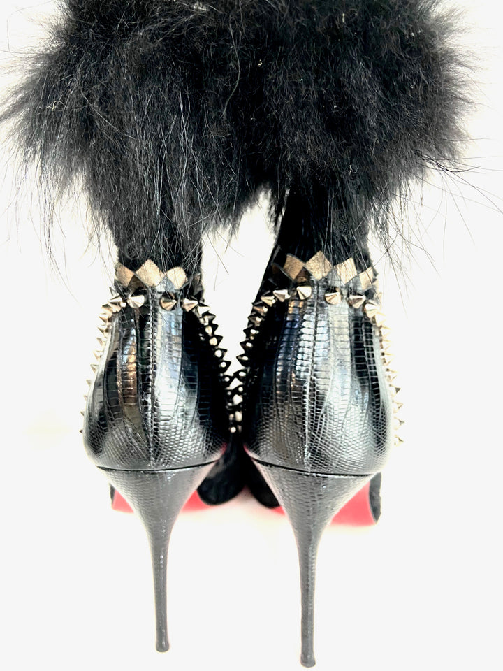 CHRISTIAN LOUBOUTIN LACE CALF HAIR LIZARD TOOTSIE 100 BOOTIES