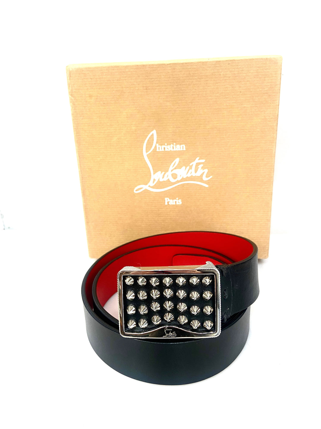 CHRISTIAN LOUBOUTIN LOUIS STUD EMBELLISHED BUCKLE CALFSKIN BELT