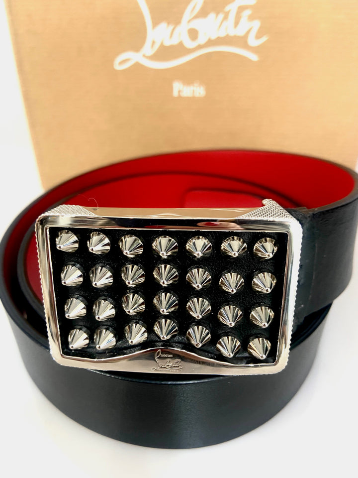 CHRISTIAN LOUBOUTIN LOUIS STUD EMBELLISHED BUCKLE CALFSKIN BELT