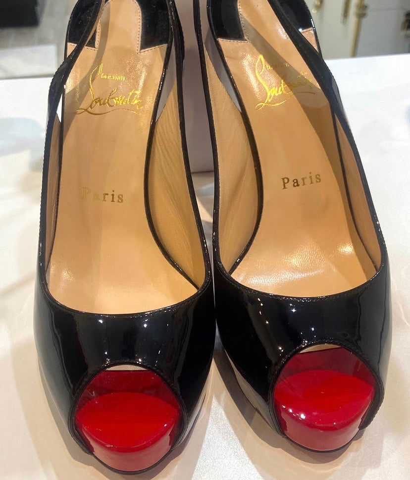 LOUBOUTIN PATENT PRIVATE NUMBER SLINGBACK PUMPS – Caroline's