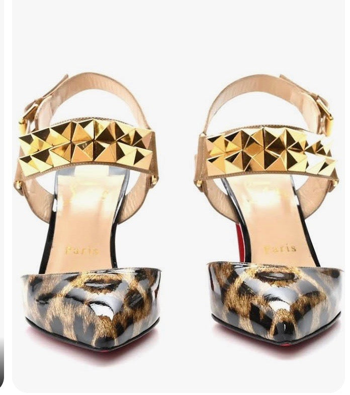 CHRISTIAN LOUBOUTIN ZIGGOO SPIKED RED SOLE SLINGBACK PUMPS