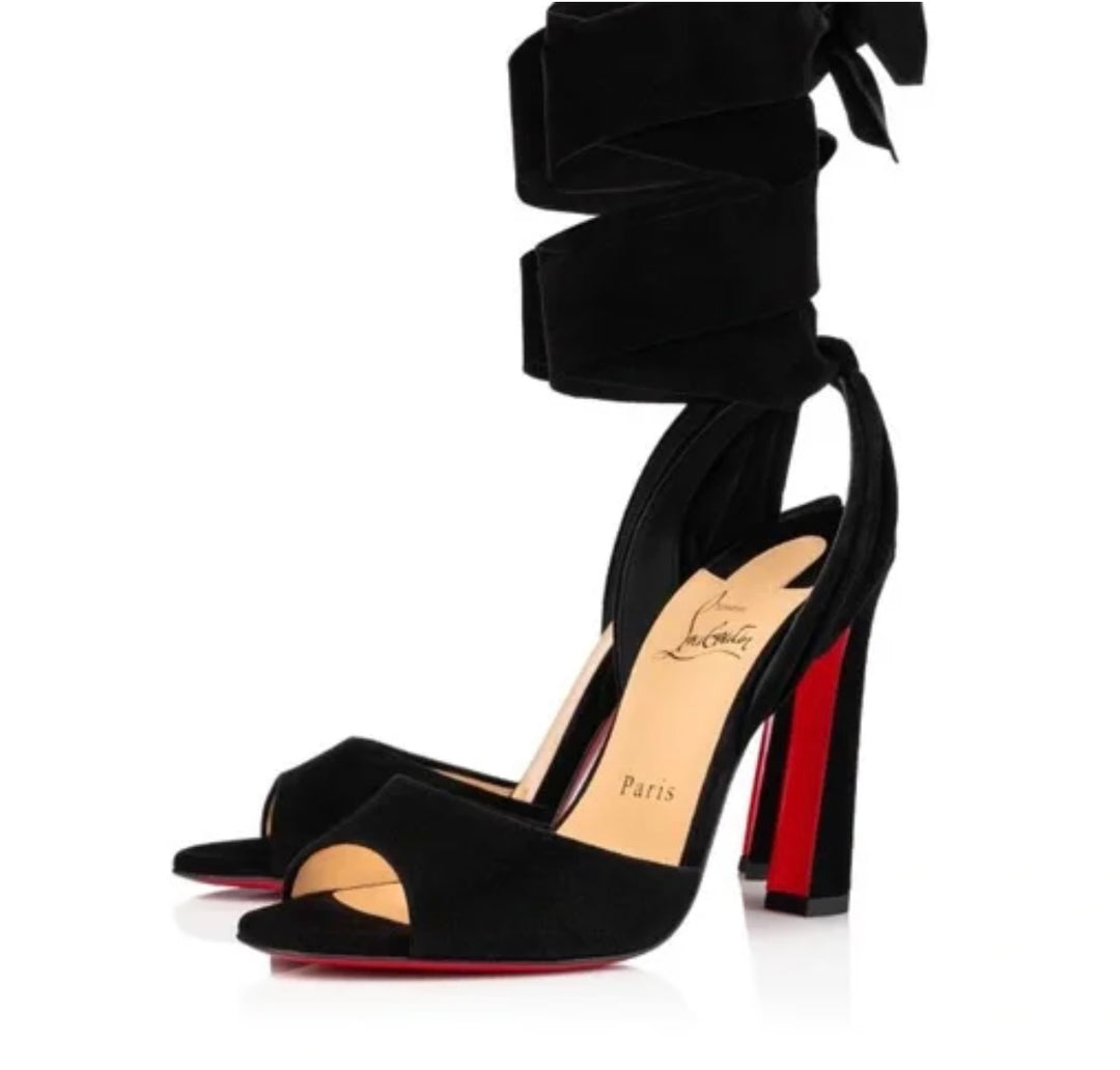 LOUBOUTIN ROSE AMELIE ANKLE-TIE SUEDE SANDALS