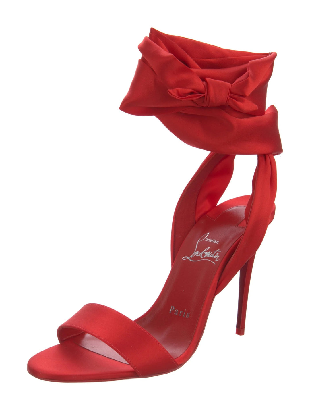LOUBOUTIN DU DÉSERT 100 CREPE SATIN SILK TIE BOW STILETTO SANDALS
