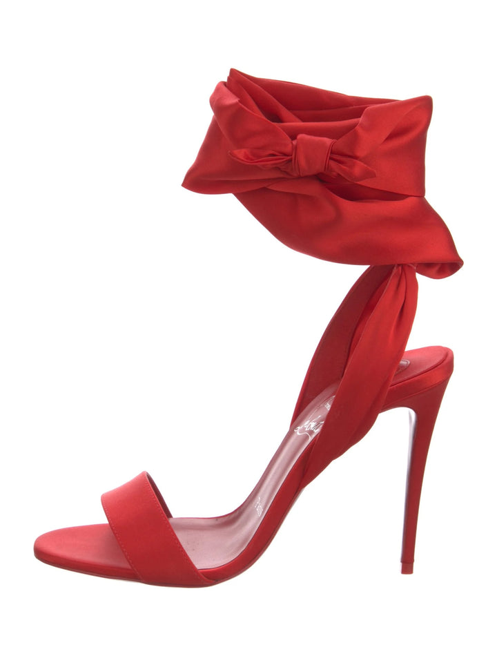 LOUBOUTIN DU DÉSERT 100 CREPE SATIN SILK TIE BOW STILETTO SANDALS