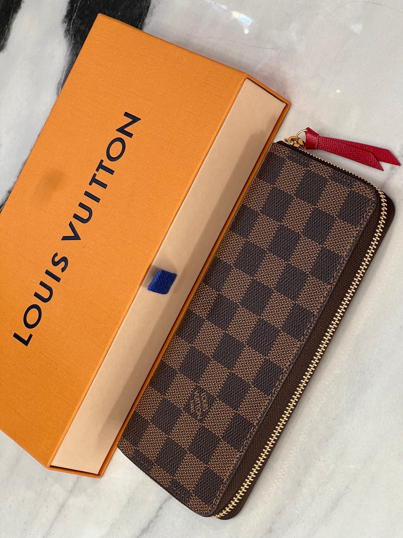 Louis Vuitton, Bags, Louis Vuitton Clemence Damier Ebene Wallet Cherry  Red Interior Nwt Microchipped
