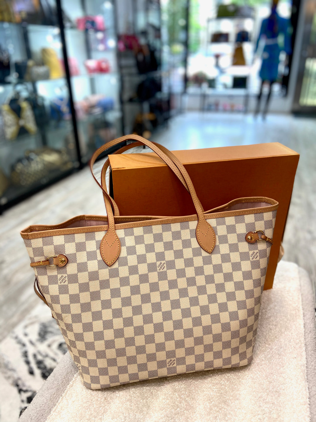 LOUIS VUITTON DAMIER AZUR NEVERFULL MM TOTE ROSE BALLERINE