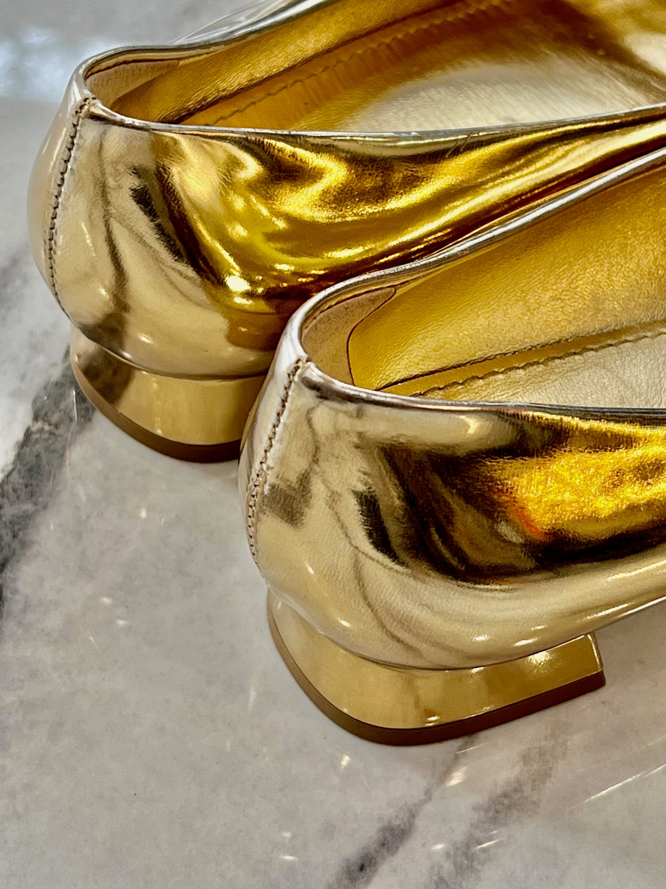 Louis Vuitton Gold Metallic Foil Leather Madeleine Square Toe Pumps Size  37.5 at 1stDibs