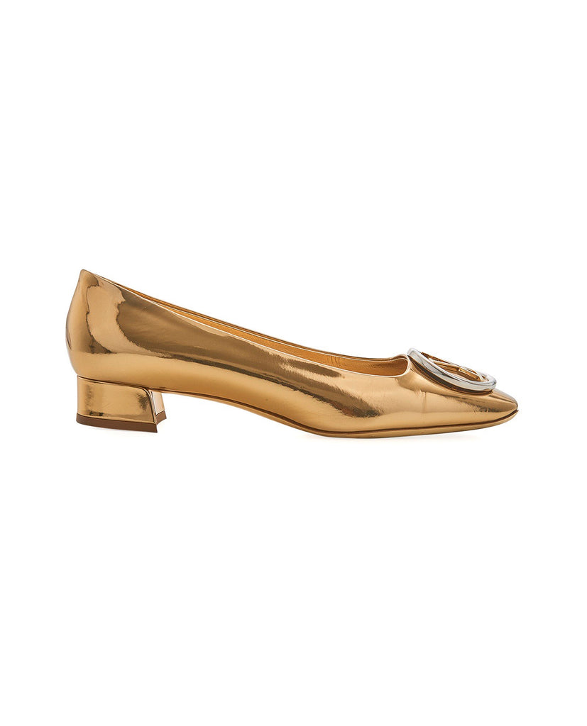 Louis Vuitton Gold Metallic Foil Leather Madeleine Square Toe Pumps Size  37.5 at 1stDibs