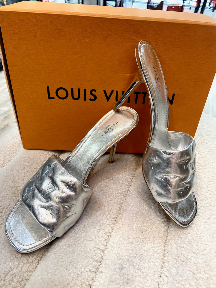 LOUIS VUITTON METALLIC LAMBSKIN EMBOSSED MONOGRAM REVIVAL MULES