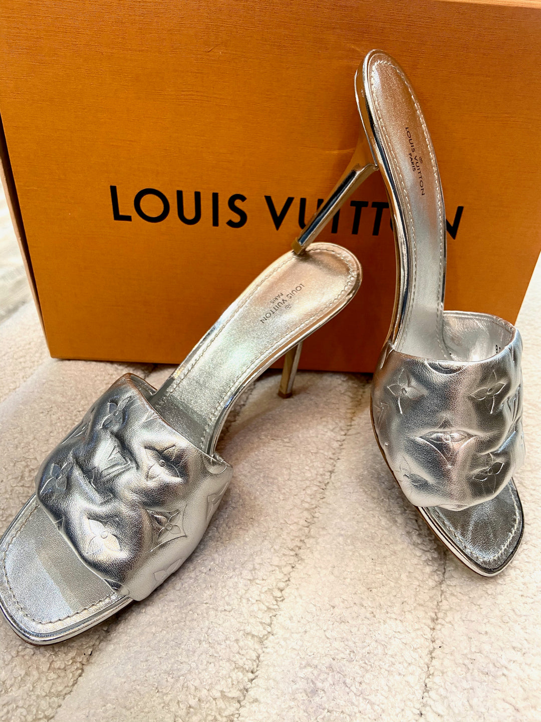 LOUIS VUITTON METALLIC LAMBSKIN EMBOSSED MONOGRAM REVIVAL MULES