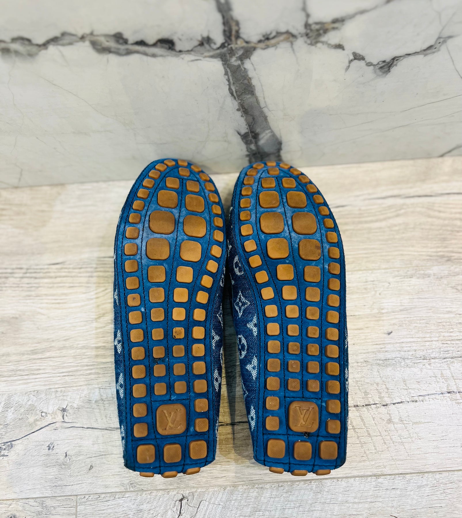 LOUIS VUITTON Monogram Denim Mens Arizona Car Shoe Moccasin Loafers 6.5 Blue  673508
